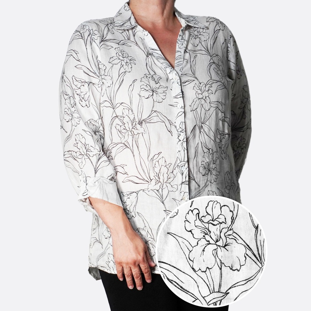 Cynthia Rowley 100%‎ Linen Button Down White Floral Large Roll Tab Sleeve